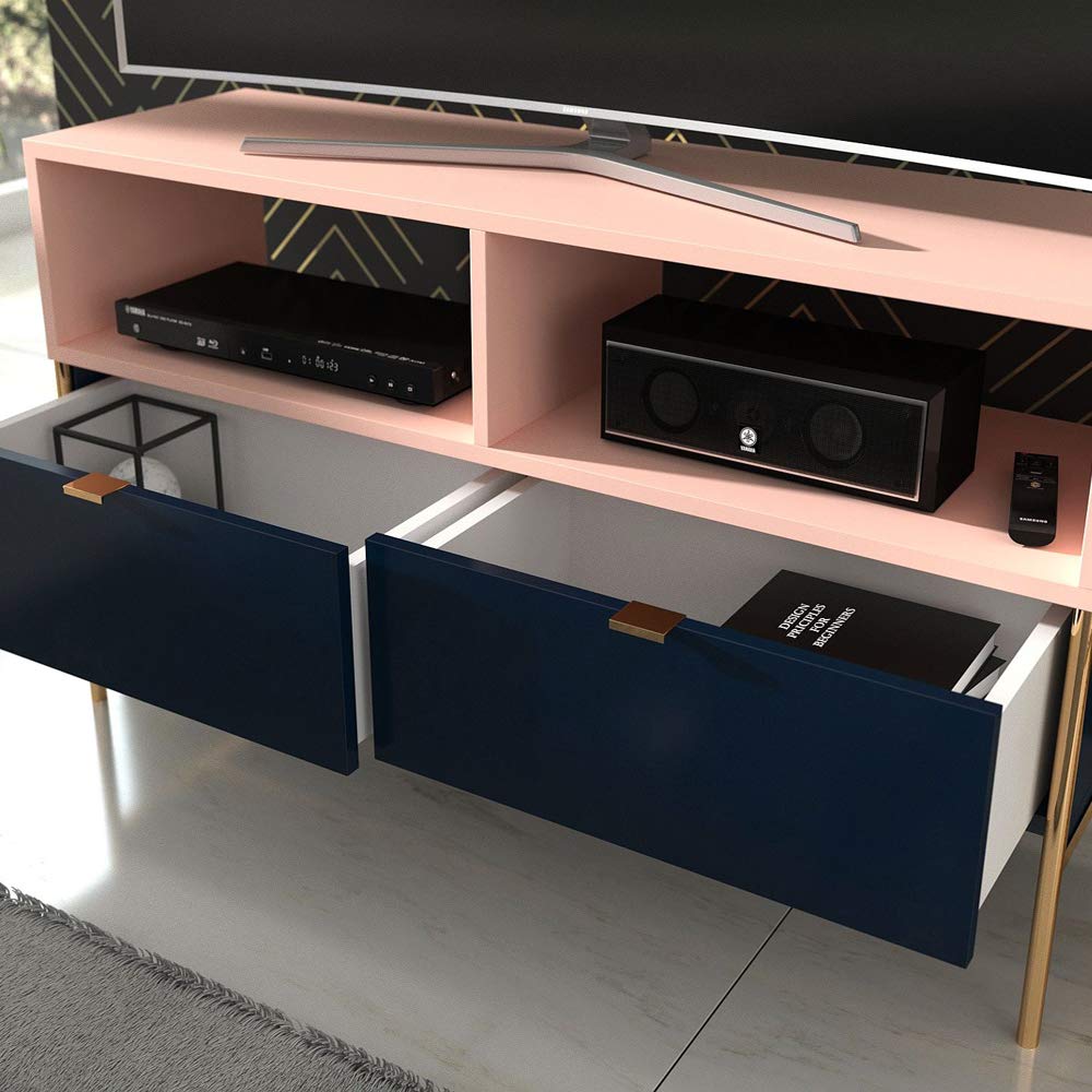 Selsey Mueble de TV, Color Azul Oscuro/Rosa/Estructura de Metal Dorada, 120 x 65 x 37