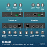 DIGITUS HDMI Fiber KVM IP Extender Set – UHD 4k 60Hz – HDMI 2.0 – Alcance MM 300 m y SM 40 km – Transmisor y receptor – Hasta 253 receptores – 2x USB para ratón, teclado – Punto a punto – Negro
