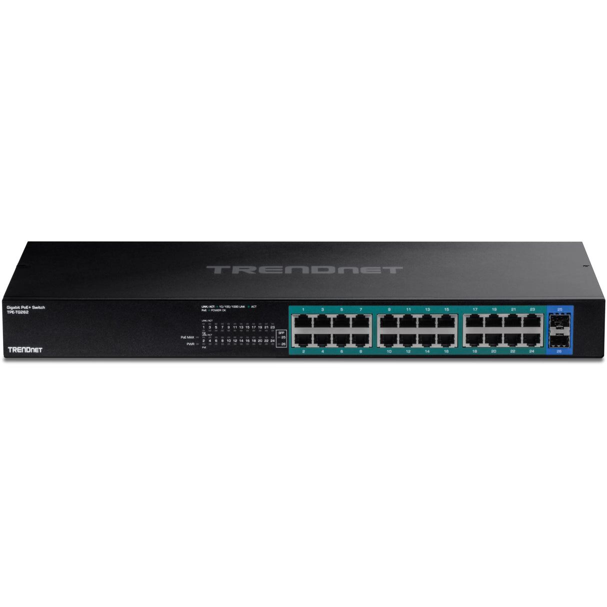 TRENDnet TPE-TG240G Conmutador Gigabit PoE+ de 24 Puertos, 24 Puertos Gigabit PoE+, presupuesto de alimentación de 370 W, Capacidad de conmutación de 48 GB/s, Kit de Montaje en Rack Incluido,