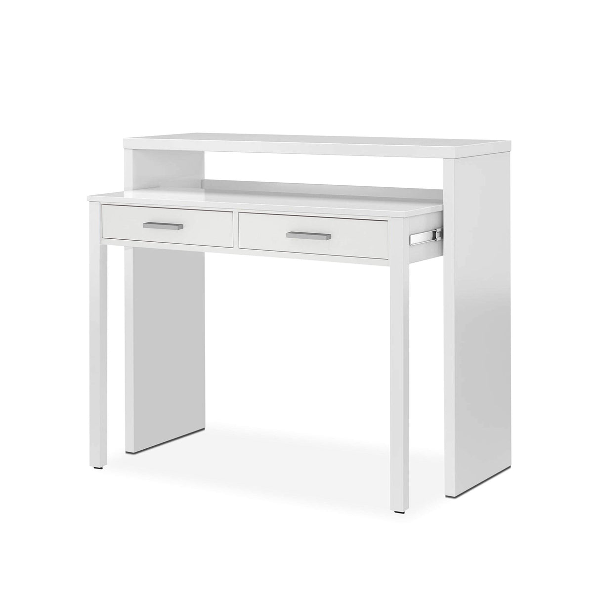 Habitdesign Mesa Escritorio Extensible, Mesa Estudio, Consola, Color Blanco Artik, Medidas: 98,5 cm (Largo) x 36-70 cm (Fondo) x 87,5 cm (Alto)