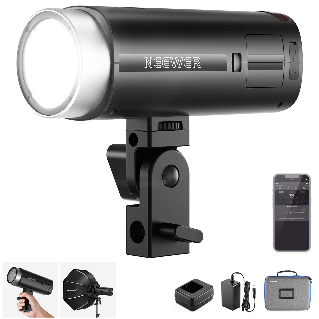 NEEWER Q200 200Ws 2.4G TTL Flash Strobe Estudio para Exteriores con APP Control, 1/8000 HSS, 3200mAh Fotografía con Batería Monolight Speedlite Lámpara Modelar 10W/Flash 750/Reciclaje de 0.01~1.5s
