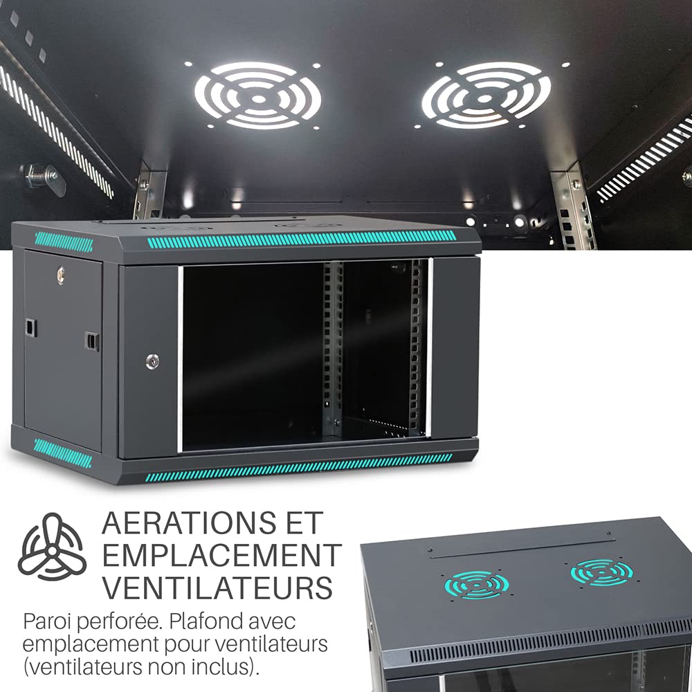 WAYTEX 37401 - Caja de Armario de Red de 19 Pulgadas, 6U – 600 x 450 x 368 mm – Montaje en Pared o Patas suministradas – Puerta de Cristal con Cerradura – Color Negro