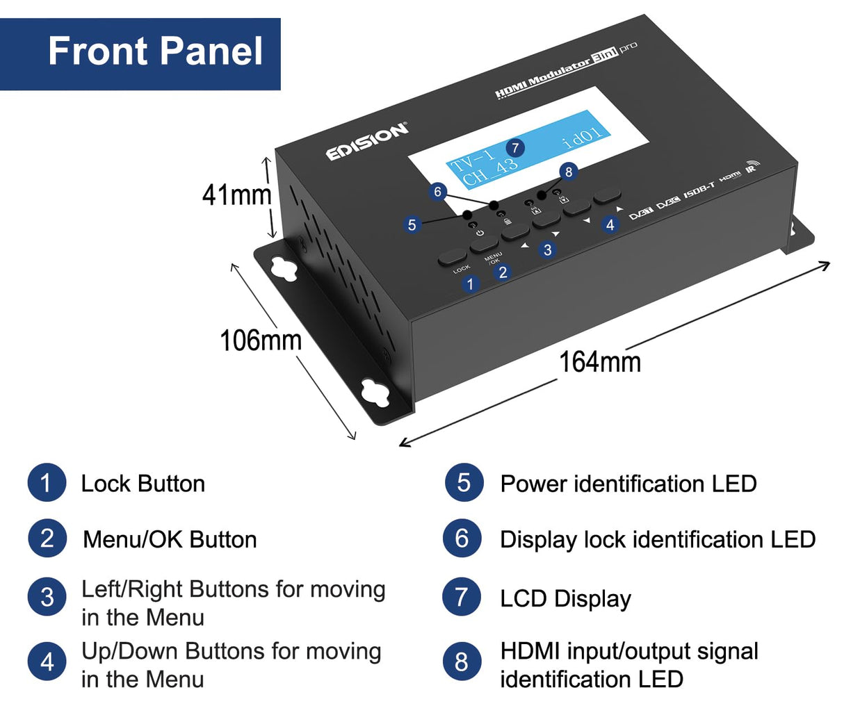 EDISION Modulador HDMI 3en1 Pro a Terrestre DVB-T, ISDB-T o Cable DVB-C, Distribución Full HD Sobre Cable Coaxial, HDMI-Loop, RF IN, Pantalla LCD, Instalación Rápida, Plug & Play