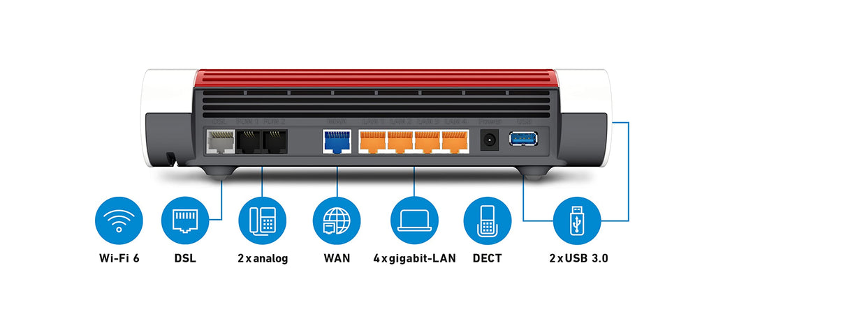 Fritz!Box 7590 AX International - Router, WiFi 6 4x4, Banda Dual (2400 Mbps/5GHz y 1200 Mbps/2,4 GHz), Mesh, 4 x LAN Gigabit, 2 x USB 3.0, Base DECT, Servidor Multimedia, Interfaz en Español