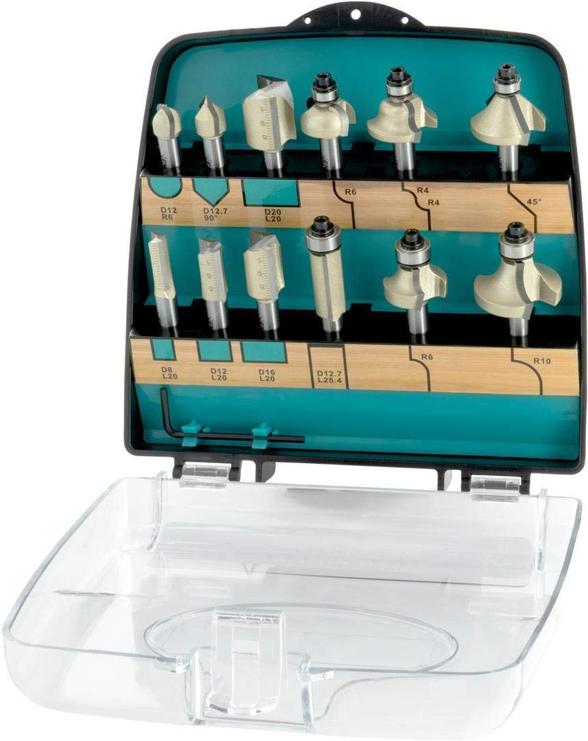 ENT 09012PLUS Juego de 12 Fresas HW PLUS en Estuche de Plástico Resistente a Golpes - Fresas para Rebajadora con Vástago de 8 mm y Cuchillas de Carburo para Perforar