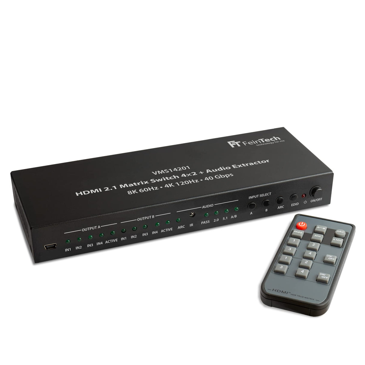 FeinTech VMS14201 HDMI 2.1 Matrix Switch 4x2 Conmutador 4K 120Hz 8K Ultra HD 4 en 2 Salidas Audio Extractror ARC Toslink SPDIF Downscaler para Xbox PS5 TV Monitor HDR VRR 40Gbps