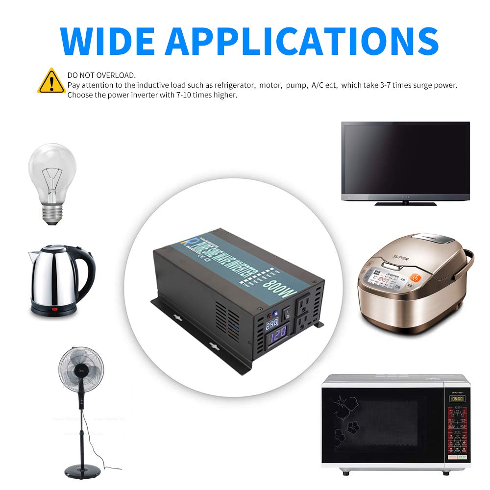 WZRELB Pantalla LED Duradera de Potencia Completa de 800 W, inversor Solar de Onda sinusoidal Pura de 12 V CC a 120 Vac (RBP80012B1)