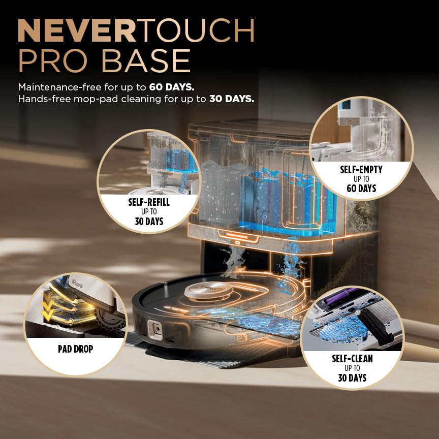 SHARK PowerDetect Robot Aspirador 2 en 1 y mopa, NeverTouch Pro 60 días autovacía, Auto-Recarga y autolimpiante Robot Aspirador con navegación 3D y LiDAR, NeverStuck Obstáculo Bypass, WiFi/App/Alexa,