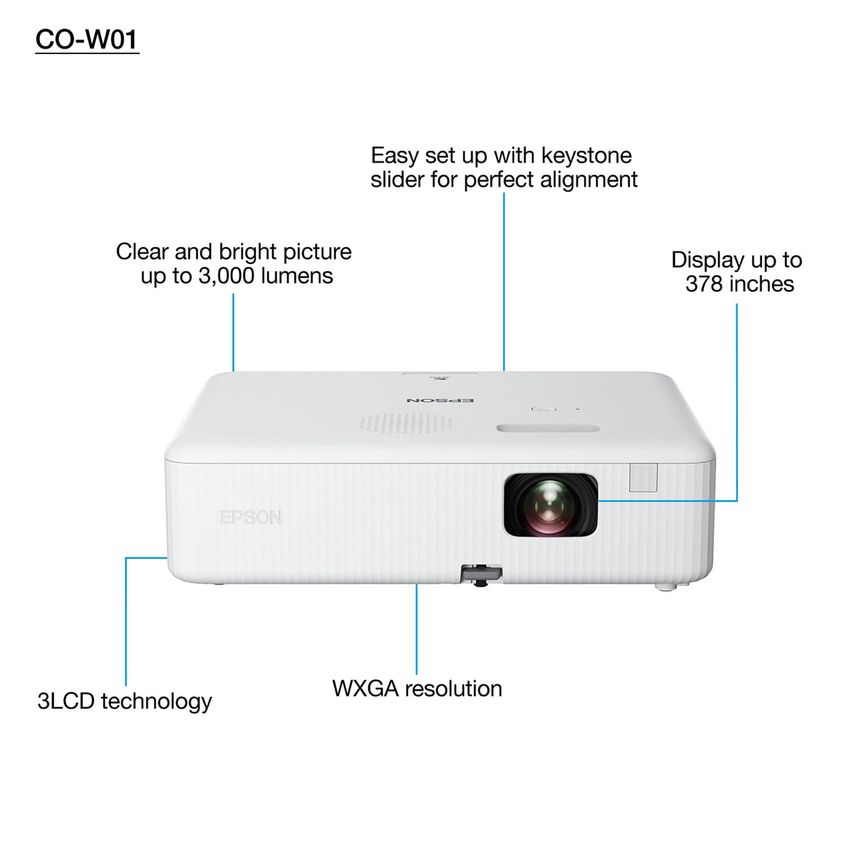 Epson CO-W01, Proyector WXGA, 3000 lúmenes, Lámpara Larga Duración de 12000 Horas y Tecnología 3LCD