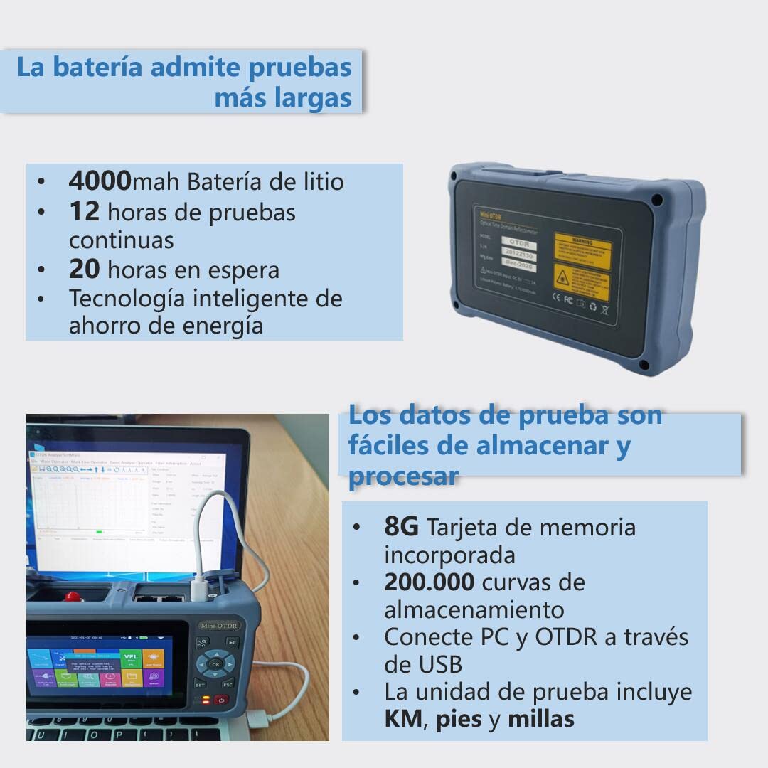QIIRUN NK4000D Mini OTDR Fibra Optica 1310/1550nm 26/24dB con Pantalla Táctil de 4.3 pulgadas, 11-en-1 OTDR SM con VFL OPM OLS Mapa de Eventos RJ45, FC/UPC SC ST LC Conectores Incluidos