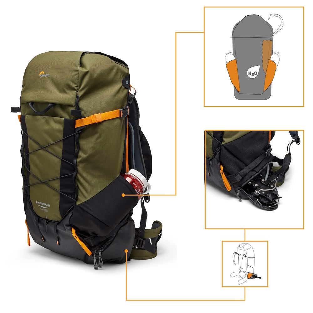 Lowepro Mochila PhotoSport X 45L AW con Tejidos Reciclados, Cámara Reflex y Mirrorless, Acceso Trasero, Compartimento Extraíble para Cámara, Características para Montaje, Talla M/L, Gris Oscuro/Verde