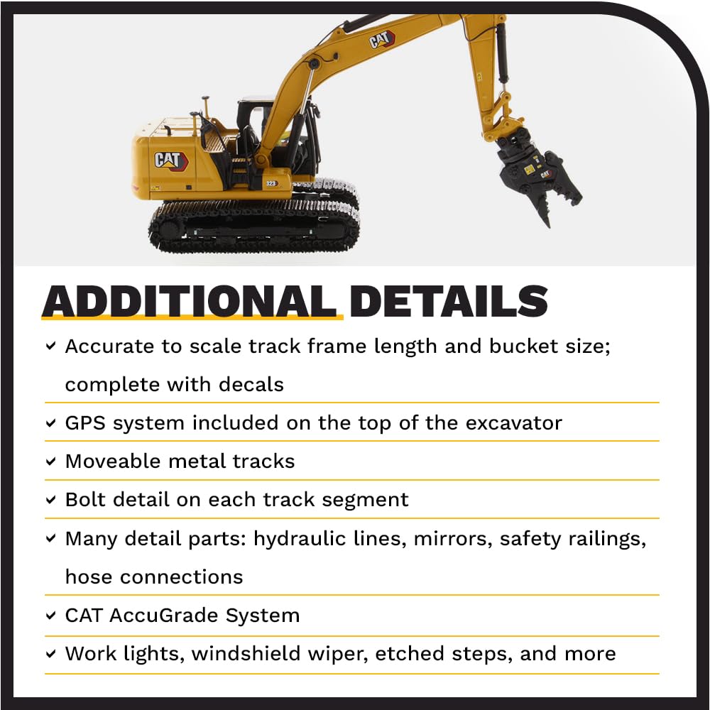 Caterpillar Diecast Masters 85657 - Excavadora 4 Herramientas 323 Hex, Escala 1:50, Aprox. 9,5 x 3,4 x 4,6 cm, a Partir de 14 años