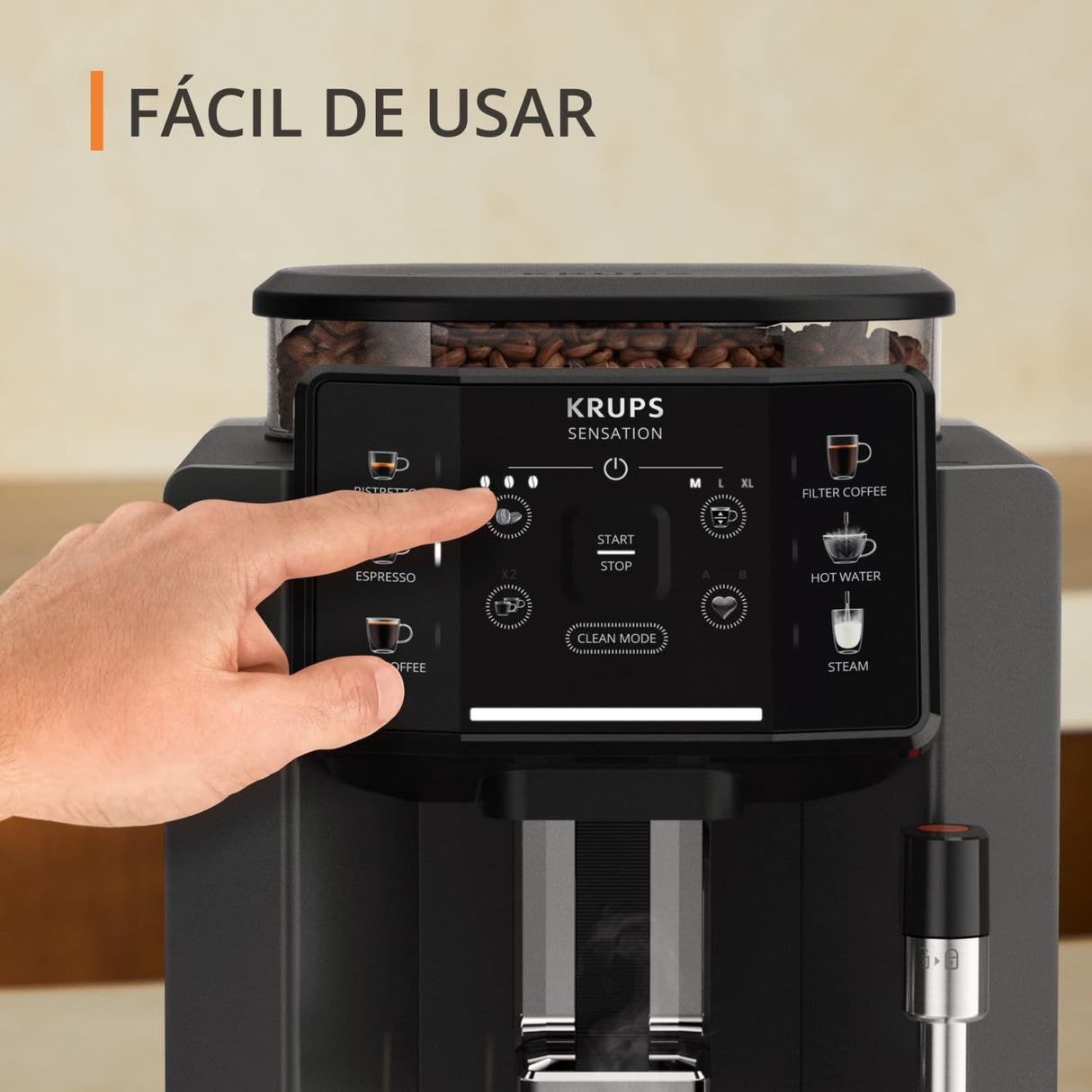 Krups Cafetera Automática Sensation C50 - Potencia 1450W, fácil uso, 5 tipos bebidas, 15 bares, fácil mantenimiento, alertas lumínicas, cómoda limpieza, ajustes personalizados, boquilla vapor, EA9108