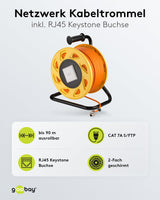 goobay 58934 Carrete de Cable de Red móvil Cat 7A S/FTP Incl. Conector RJ45 Keystone, apantallado en 2 Pliegues, sin halógenos, 1000MHz, 90m, Naranja