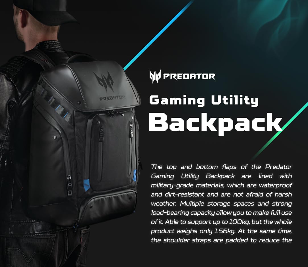 Acer PBG591 Predator Utility - Mochila de Viaje Resistente al Agua y a Prueba de desgarros, se Adapta y Protege una Laptop Predator Gaming de hasta 17.3 Pulgadas, Color Negro con Detalles Verde
