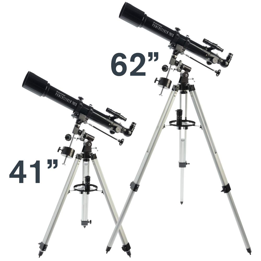 Celestron 21037 PowerSeeker 70EQ Telescopio refractor : incluye dos oculares, diagonal de imagen recta, lente Barlow de 3 aumentos, trípode ajustable en altura y bandeja de accesorios de lujo, negro
