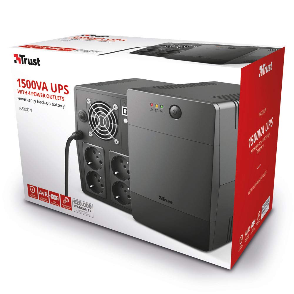 Trust Paxxon SAI PC 1500 VA Sistema de Alimentación Ininterrumpida, 4 Tomas de Pared Schuko, UPS con Batería Incorporada, Protección Incorporada contra Sobrecarga o Descarga, Ordenador, Smart TV