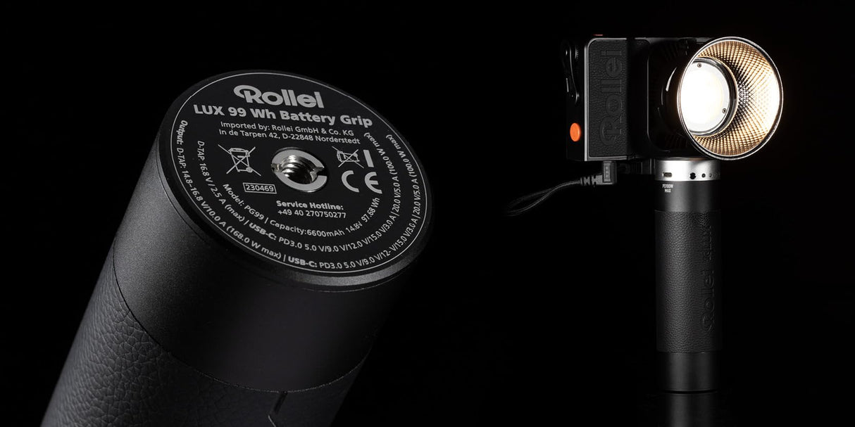 Rollei Empuñadura de batería | 99 Wh | para la serie LUX | Compatible con luces Rollei LUX | Potente batería de 99 Wh | Conectores D-Tap & USB-C | Apto para viajes en avión | Empuñadura de energía con