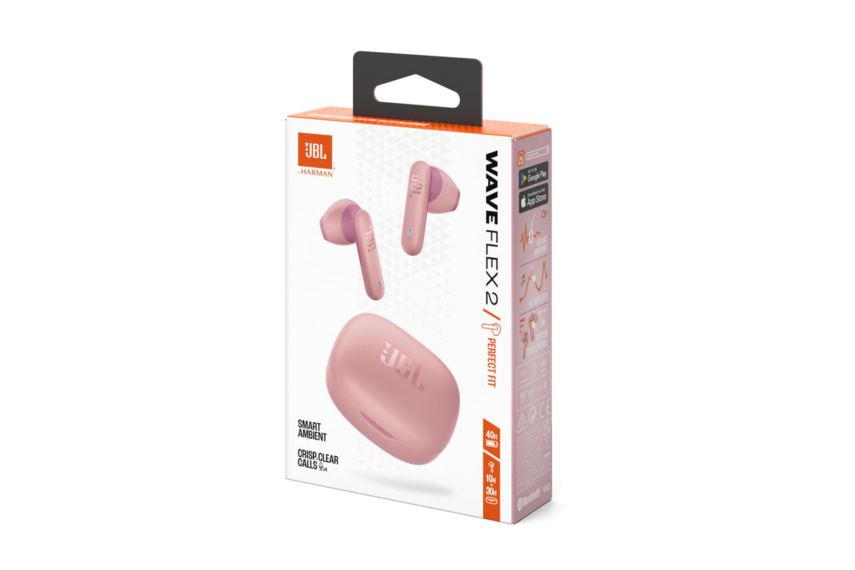JBL Wave Flex 2, Auriculares inalámbricos True Wireless, Bluetooth, autonomía de hasta 40 hrs, Sonido Pure Bass, Smart Ambient, Resistentes al Agua y al Polvo, conexión multipunto, Rosa