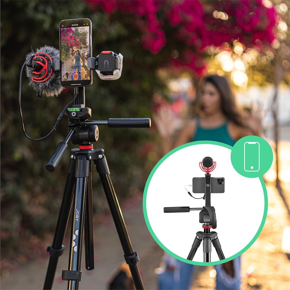 JOBY Compact Advanced Kit, Trípode de Cámara/Smartphone con Rótula 3 vías, Montura Univ. ¼-20 pulg., Pinza de Teléfono y Bolsa, CSC, DSLR, Sin Espejo, Móvil, Negro para Fotografía, Vídeo, Vlogging