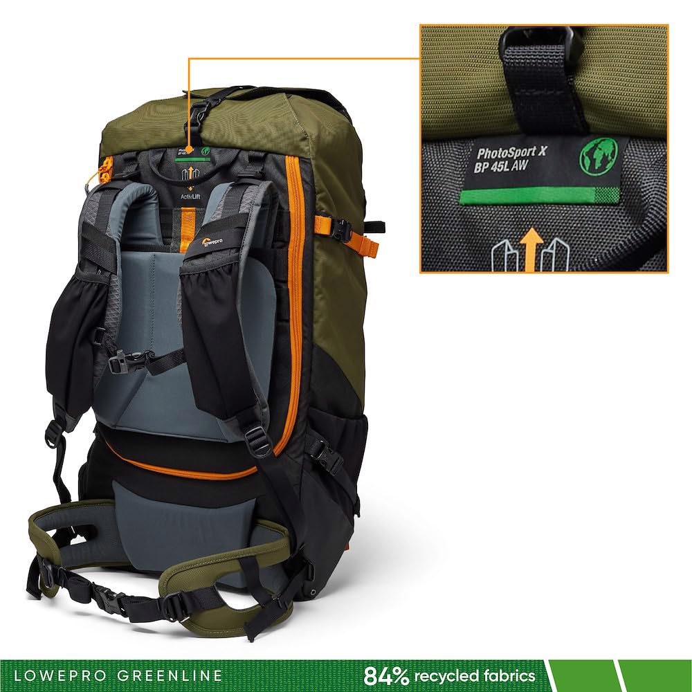 Lowepro Mochila PhotoSport X 45L AW con Tejidos Reciclados, Cámara Reflex y Mirrorless, Acceso Trasero, Compartimento Extraíble para Cámara, Características para Montaje, Talla M/L, Gris Oscuro/Verde