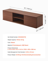 VEVOR Mueble de TV en la Pared, Estante Flotante para TV 1520 x 390 x 368 mm con Estante Ajustable y Puertas Correderas para Reproductor de DVD, Decodificador de Cable, Carga de 52 kg, Nogal