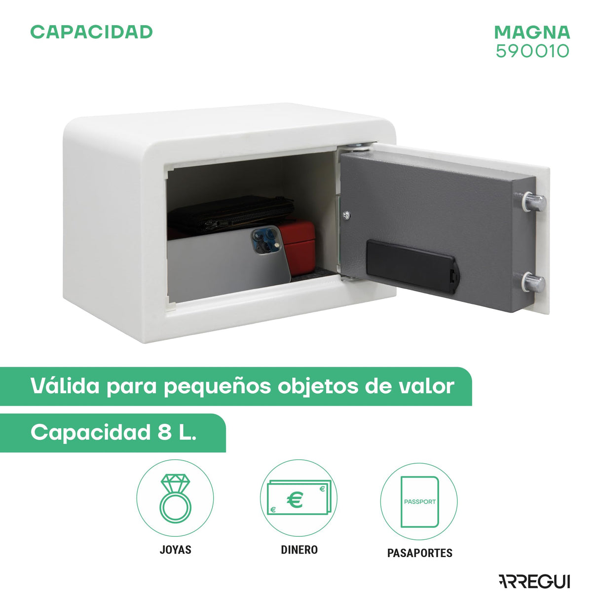 ARREGUI Magna 590010 Caja Fuerte con Cerradura de Doble Seguridad | Caja de Seguridad de Apertura con Codigo más Llave | Caja Fuerte Pequeña para Casa, Hogar, Negocios | 20x31x20 cm | 8 L