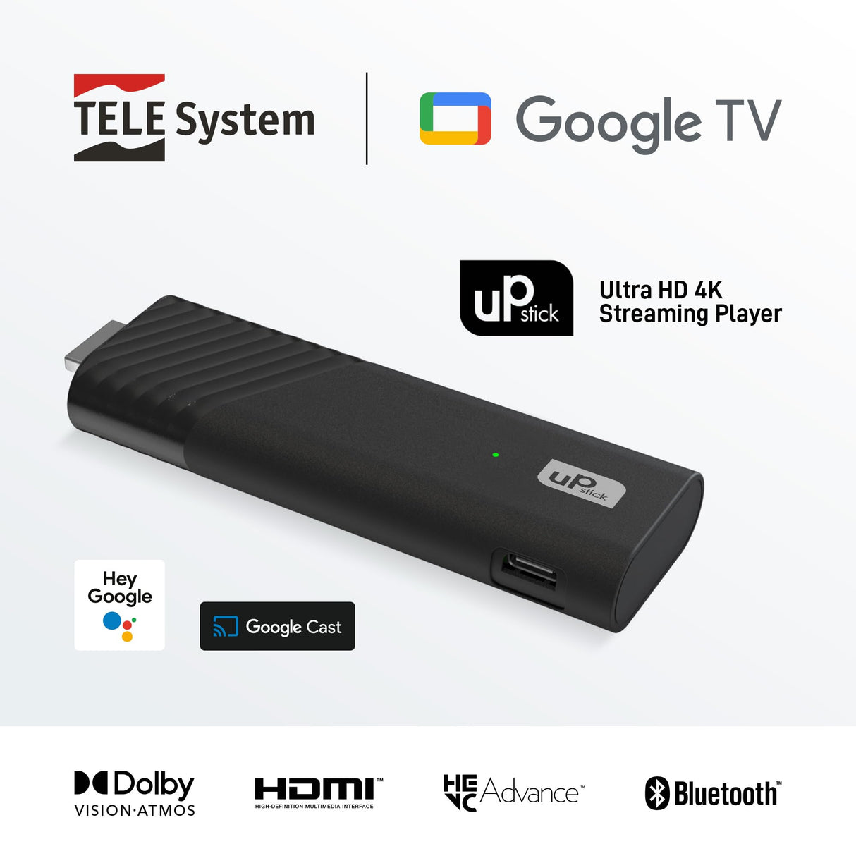 TELE System UP Stick Google TV 4K UHD HDMI,Wi-Fi de doble banda,Dolby Vision/Atmos,Asistente de Google,32 GB,HDR10+,mando a distancia con control por voz 2 en 1, streaming de los canales más populares