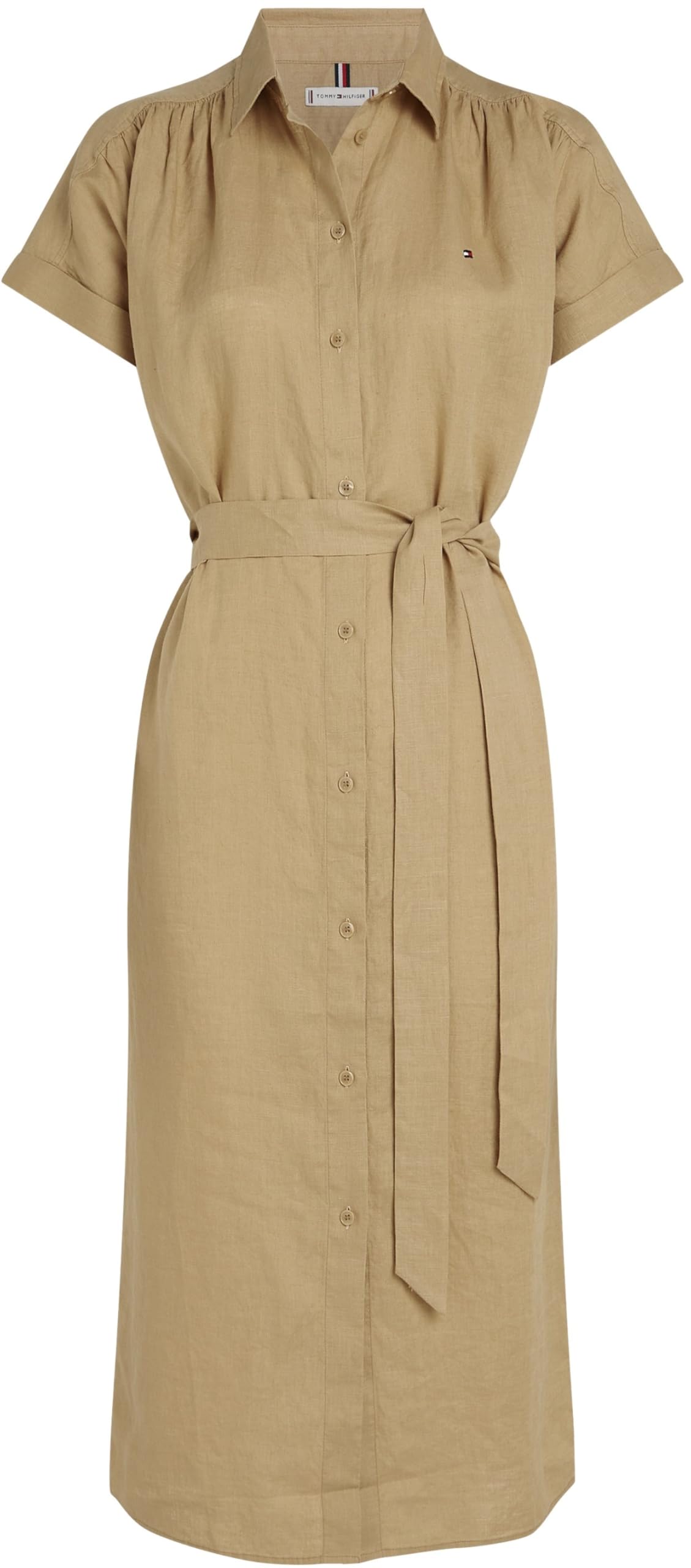 Tommy Hilfiger Vestido camisero Mujer Linen Belted de manga corta, Marrón (Camel), 38