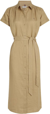 Tommy Hilfiger Vestido camisero Mujer Linen Belted de manga corta, Marrón (Camel), 38