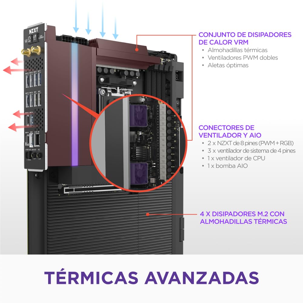 NZXT Placa Base para Juegos N9 X870E - AMD X870E AM5 ATX para Ryzen 9000/8000/7000-20+2+1, DDR5, 4X M.2, PCIe 5.0, 5GbE – Cubierta de Metal Completo, Pestillos de liberación rápida M.2 – Negro