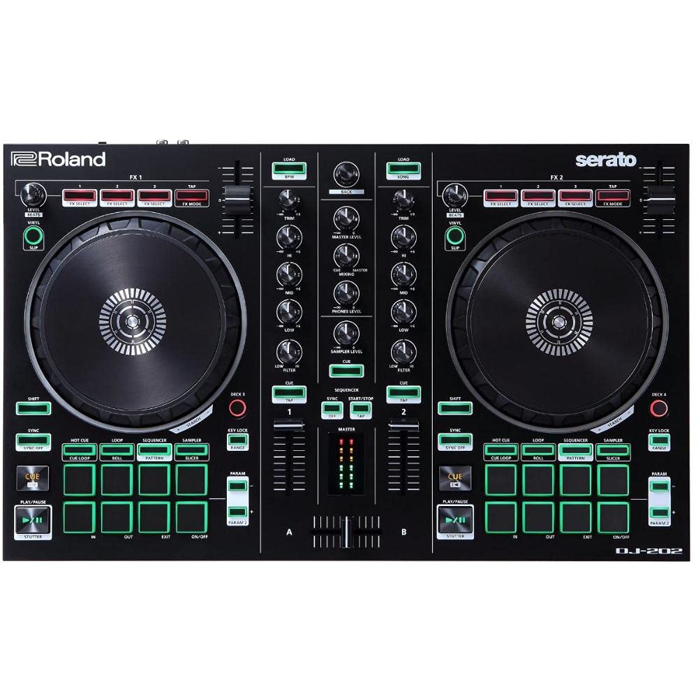 Controlador de DJ Roland DJ-202 — Controlador de cuatro decks y dos canales para Serato DJ Lite, el legado de las cajas de ritmos Roland en un controlador de DJ