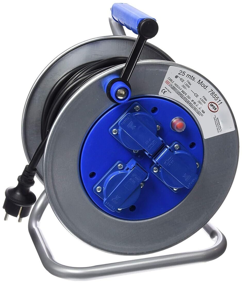 Enrollador Extensible 25m 3T con Tapas, Cable 3x2,5mm, IP55 - Ideal para exteriores y uso en ambientes húmedos.