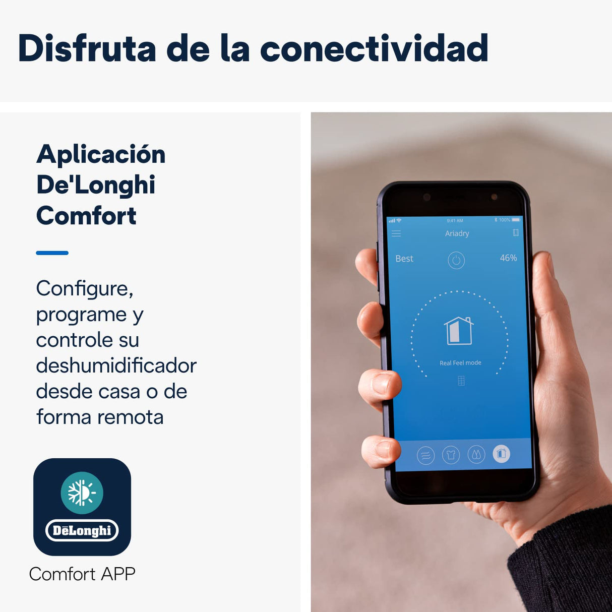 De'Longhi Deshumidificador Inteligente con Wifi Integrado, Filtro, Función 24h, 20 Litros, DDSX220WFA, Color Negro