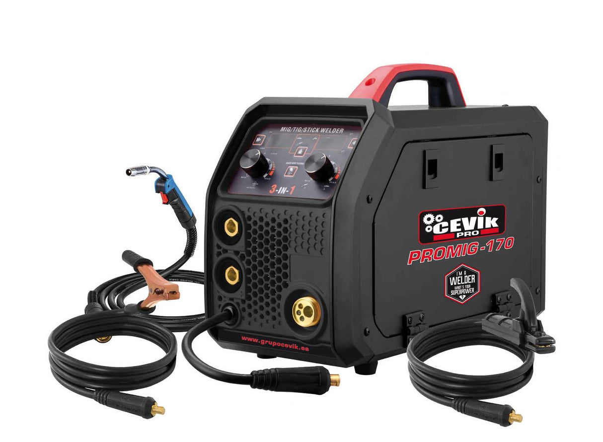 CEVIK PRO CE-PROMIG170 - Soldador Inverter FLUX/MIG/TIG/MMA - 160A 60% - 230V - Hilo hasta 1mm - Electrodos hasta 3.25mm - Display Digital - Incluye Antorcha MIG, pinza masa, portaelectrodo
