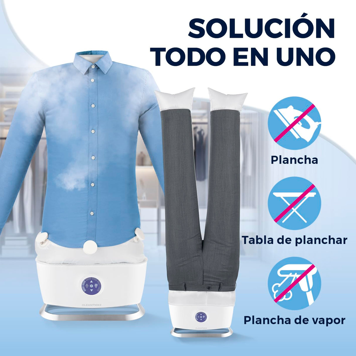 CLEANmaxx Plancha automática de camisas PRO STEAM + accesorio para pantalones | Función vapor, pantalla táctil | Plancha para camisas y blusas | Reduce olores, desinfecta, alisa, refresca