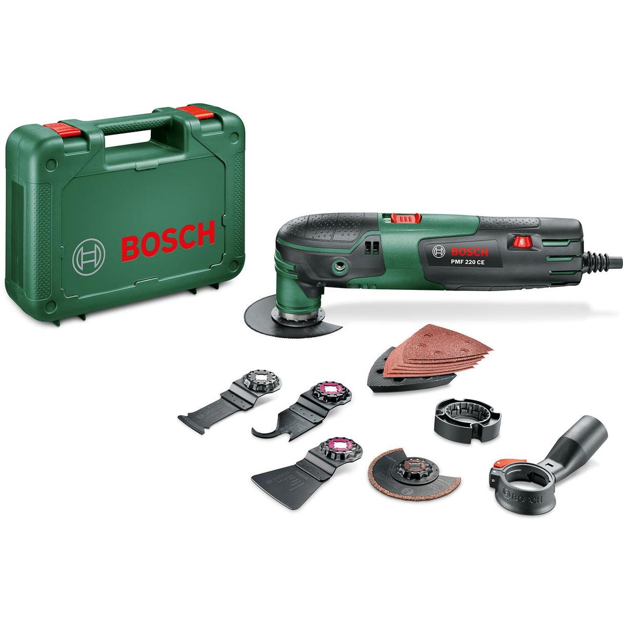 Bosch Multiherramienta PMF 220 CE Set,3 hojas de sierra, placa lijadora, set de hojas de lija, rascadora flexible, cuchilla, tope de profundidad, sistema de aspiración, maletín (220W)