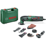 Bosch Multiherramienta PMF 220 CE Set,3 hojas de sierra, placa lijadora, set de hojas de lija, rascadora flexible, cuchilla, tope de profundidad, sistema de aspiración, maletín (220W)