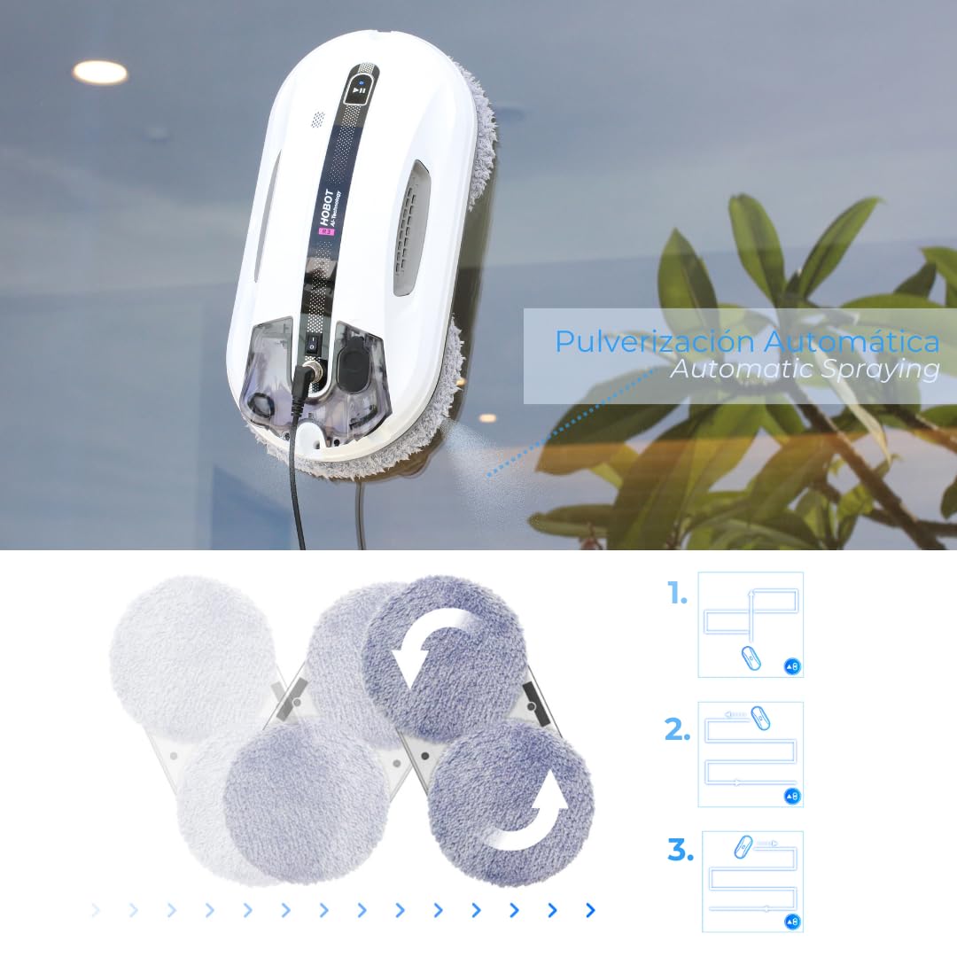 SMARTBOT Robot Limpiacristales - Bajo Consumo de Corriente (80W) - Limpiacristales eléctrico 3 años garantía 12 Trapos de Microfibra - Sistema de Navegación y Anticaída HOBOT-R3 Robot Limpiacristales