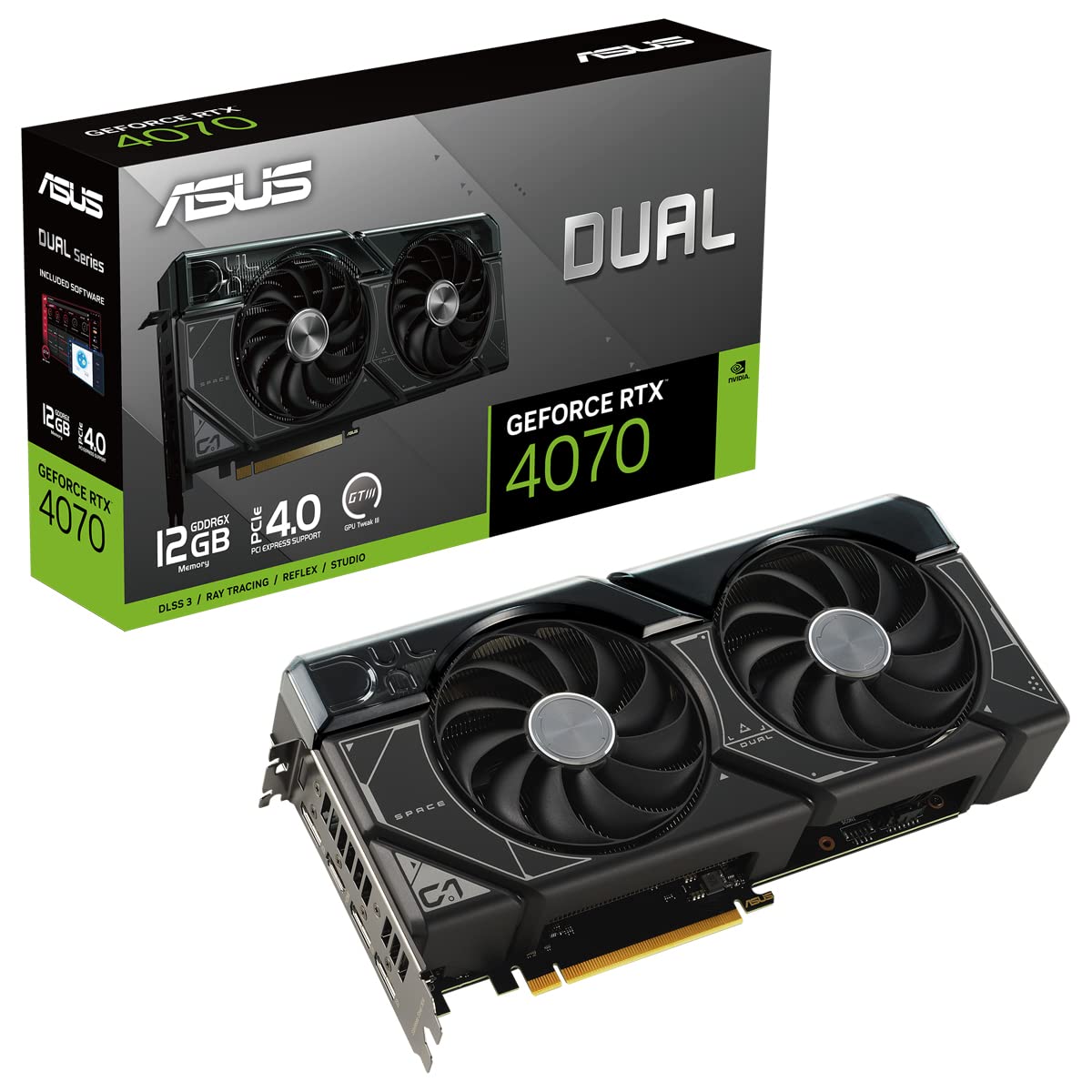 ASUS Dual GeForce RTX 4070, Tarjeta Gráfica Gaming (PCIe 4.0, 12 GB GDDR6X, DLSS 3, HDMI 2.1, DisplayPort 1.4a, diseño de 2,55 Ranuras, Ventilador Axial-Tech, tecnología 0dB)