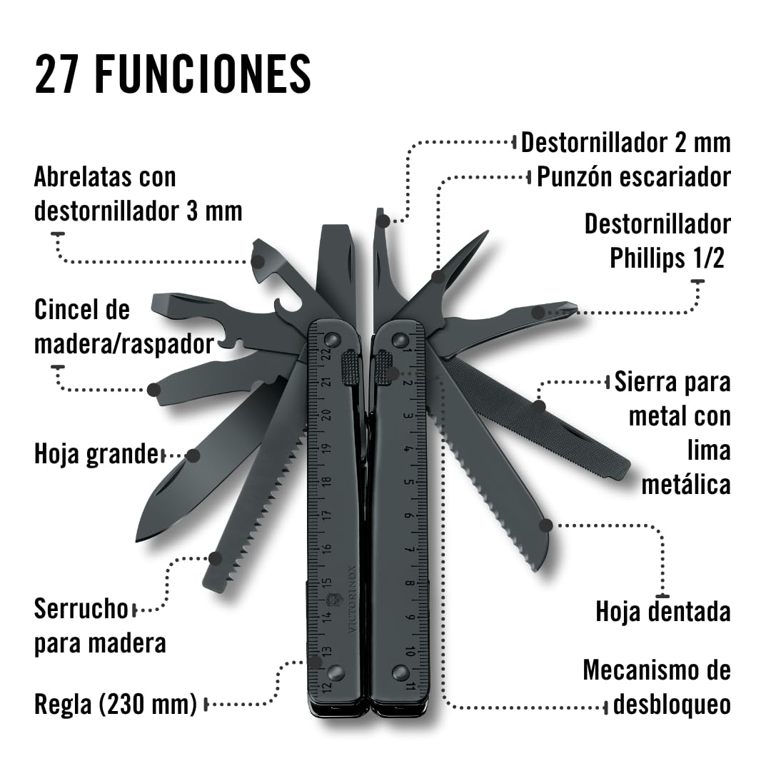 Victorinox Swiss Tool, Multiherramienta de Bolsillo Suiza, Multifunción, 27 Funciones, Hoja grande, Bloqueable