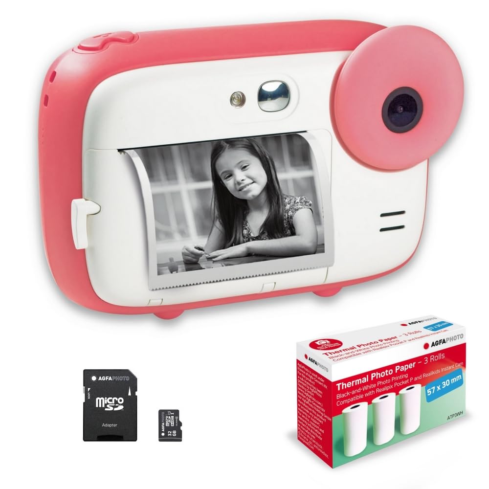 AgfaPhoto Realikids Cámara instantánea + 1 Tarjeta Micro SD de 32 GB + 3 Rollos de Papel térmico ATP3WH - Cámara instantánea para niños, Pantalla LCD de 2.4 Pulgadas, Espejo Selfie y Filtro de Fotos