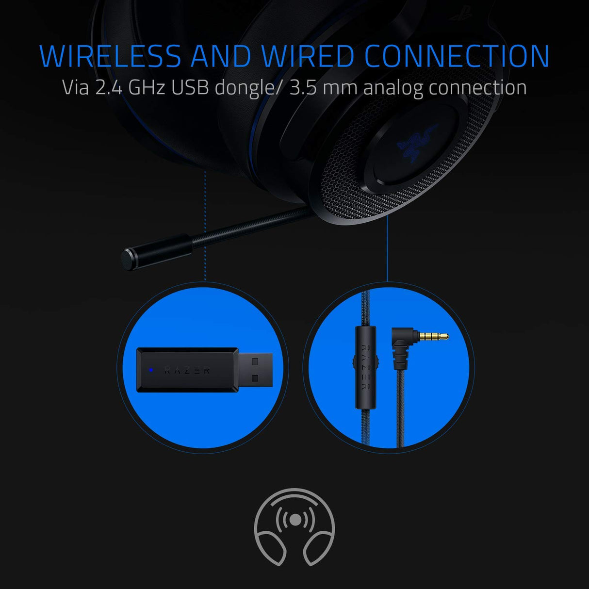 Razer Thresher para PlayStation Auriculares inalámbricos para juegos para PS4, PS5 y PC, 16 horas de duración de la batería, control en los auriculares, almohadillas de cuero artificial, negro-azul