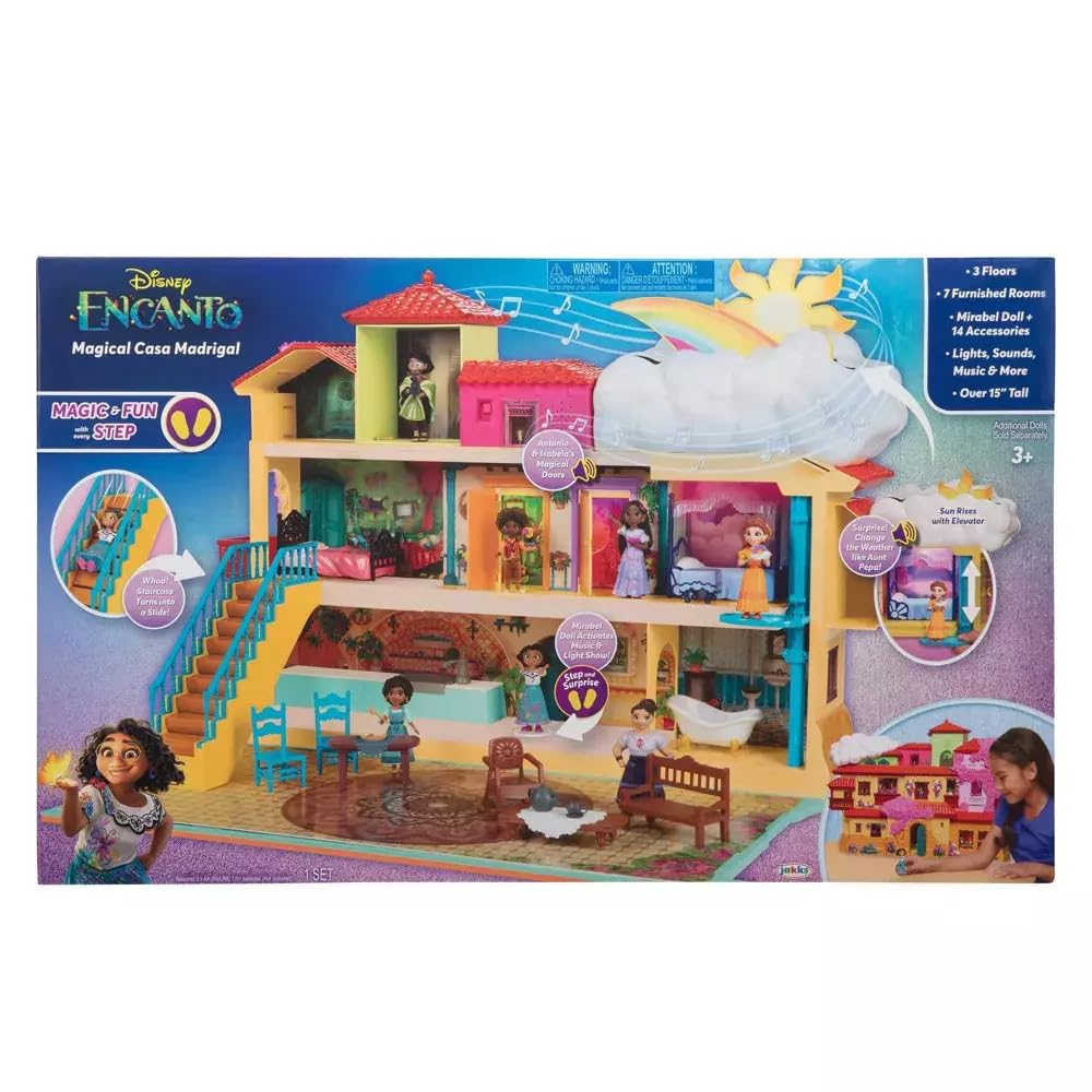 Encanto Disney – Casa de Muñecas Familia Madrigal con Mecanismo Interactivos – Este Pack Incluye 15 Accesorios, Luces y Música de la Película de Encanto - Juguete para Niñas 3 años +