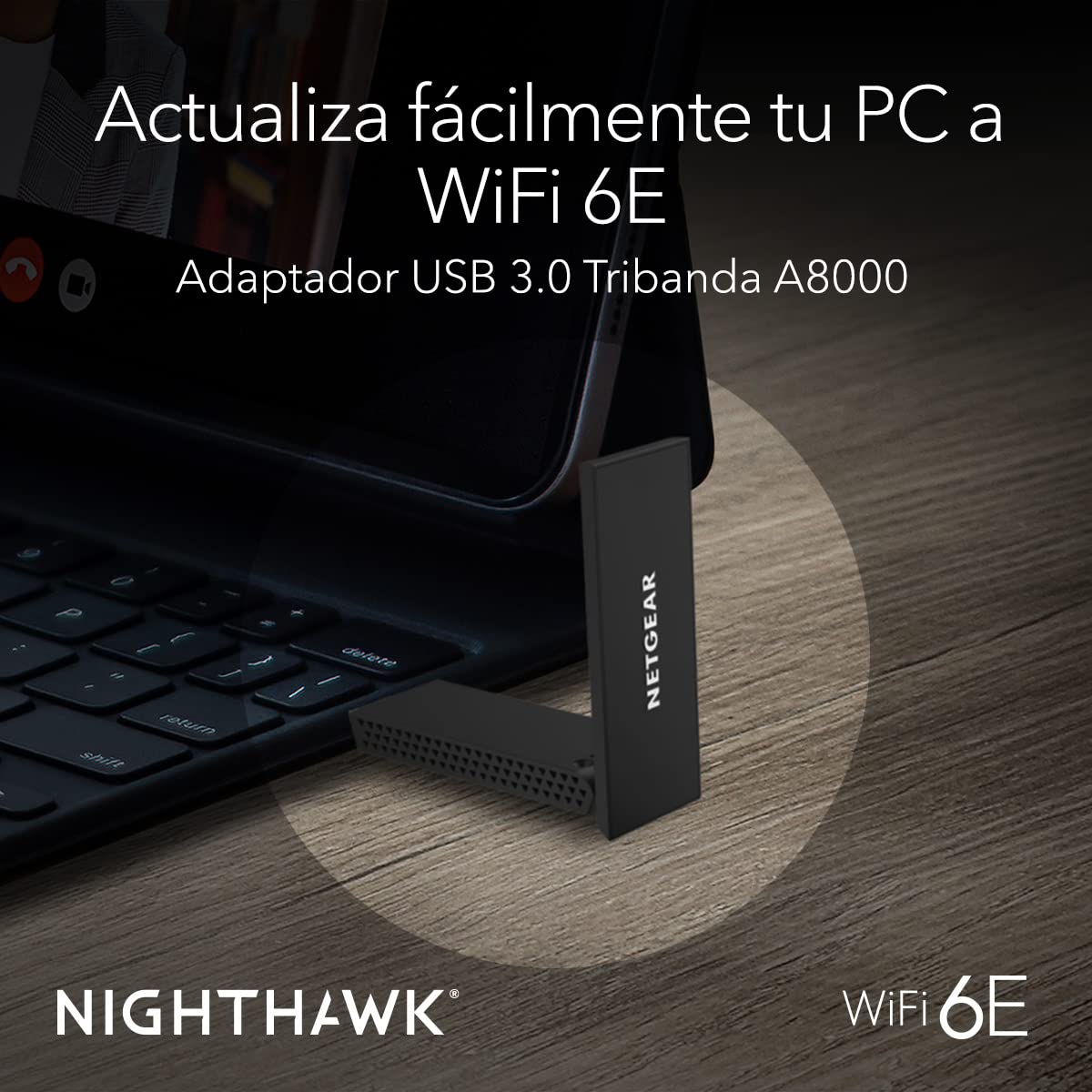 NETGEAR Nighthawk Adaptador WiFi 6E USB 3.0 A8000 - Llave USB WiFi 6 Para PC - AXE3000 Velocidad Gigabit Inalámbrico Tribanda (Hasta 3 Gbps) - Nueva Banda 6 GHz - Para PC Windows