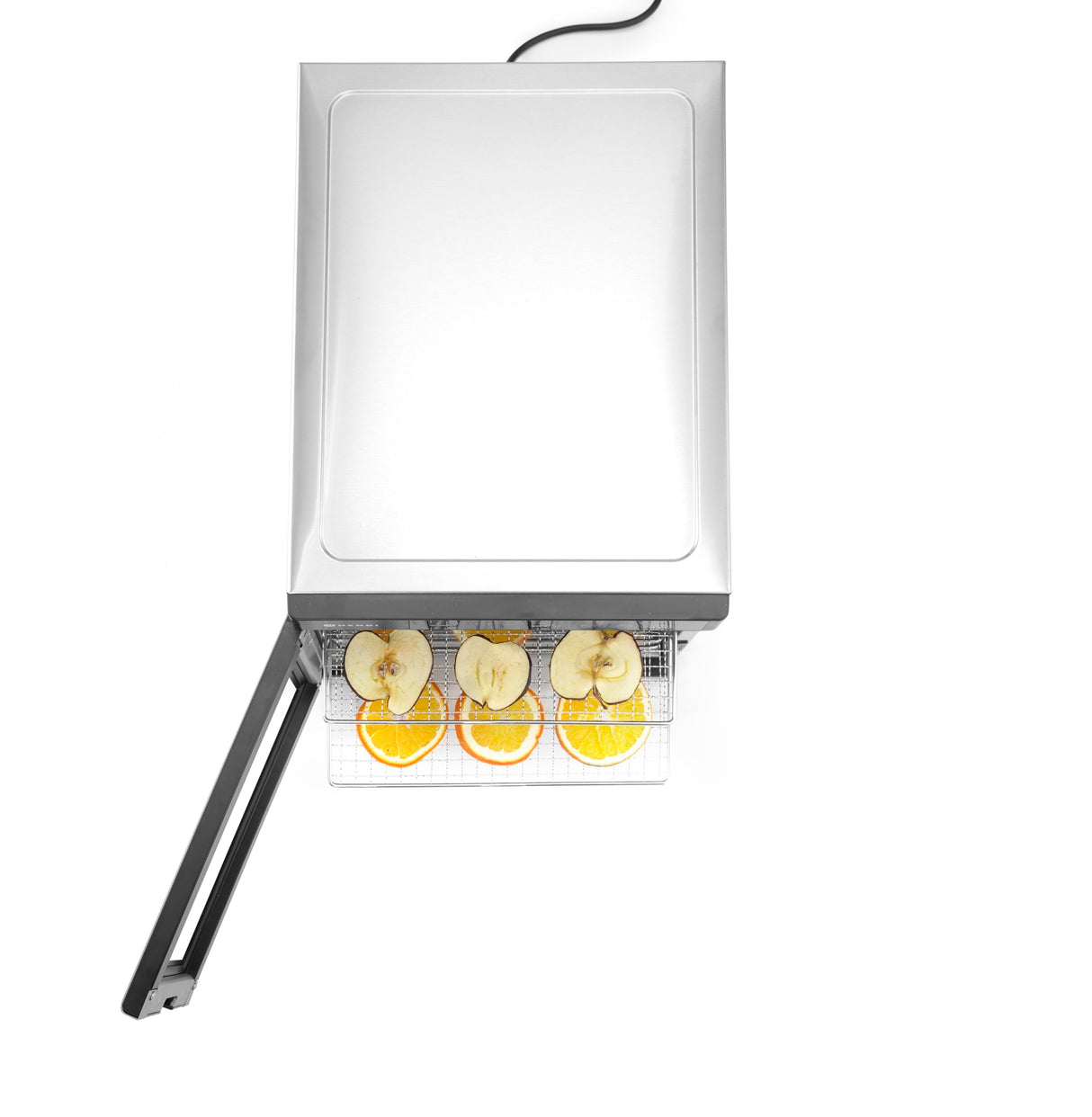 HENDI Deshidratador de alimentos, con 6 bandejas, secador eléctrico de frutas y verduras, temporizador de 24 hrs, temperatura regulable 35°-75°C, 230V, 600W, 340x450x(H)311mm, acero inoxidable, PP