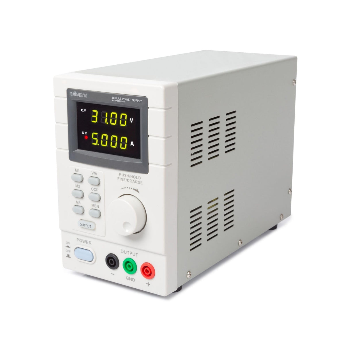 Velleman Suministro de laboratorio, programable, ajustable, 0-30 VCC/0-5 A, limitación de corriente, protección contra cortocircuitos, pantalla LCD, USB, conexión gris