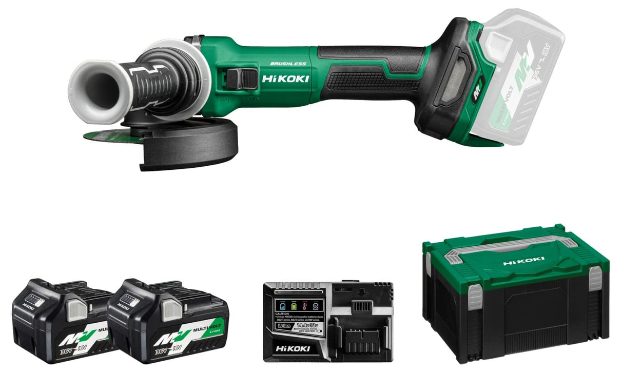 HIKOKI Akku Winkelschleifer, G3613DEWQZ, (36V (2,5 Ah) Li-ion) 0-10000 min-1/min Drehzahl, Scheiben-ø: 125mm, Brushless, mit AT Modus, Spindelarrietierung, im HSC III