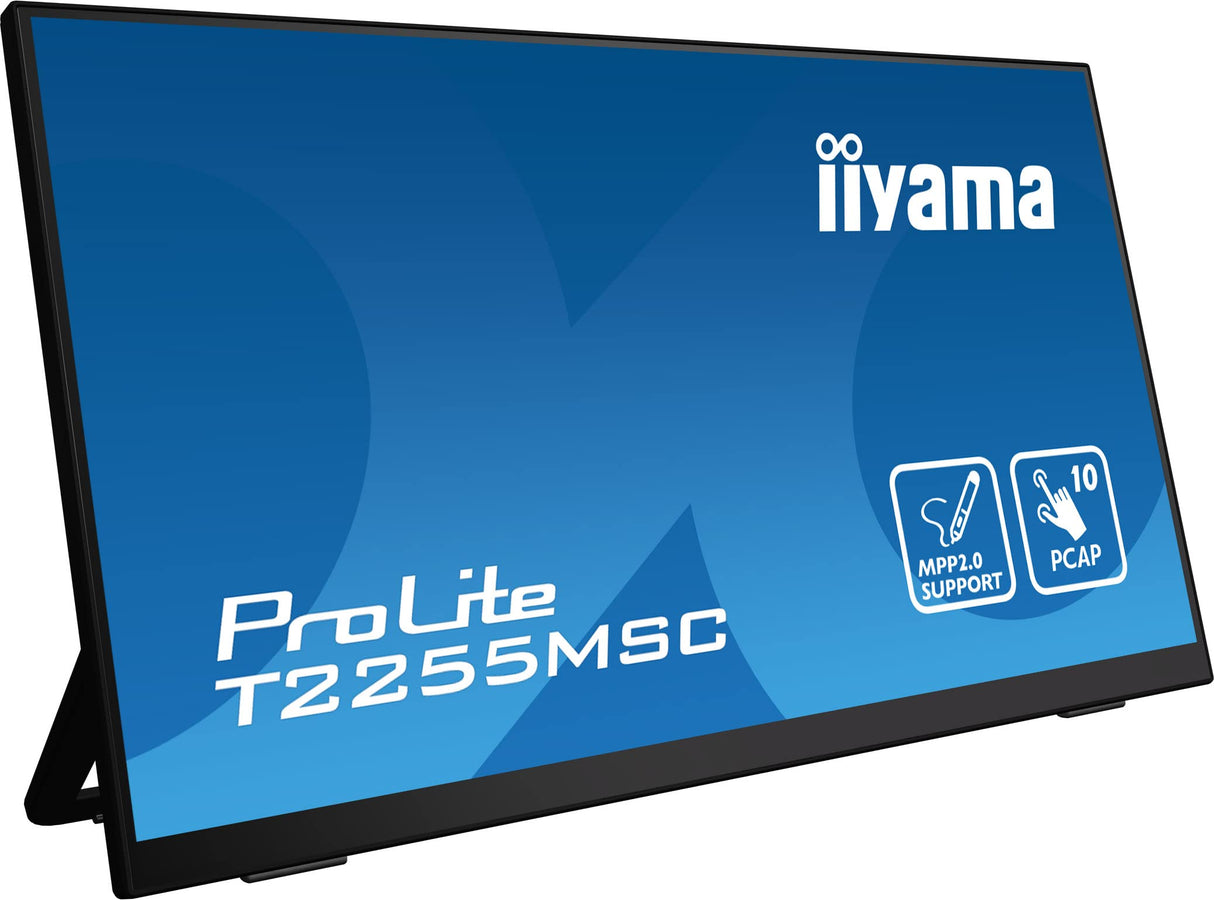 iiyama T2255MSC-B1 21,5" Bonded PCAP 10P Táctil, MPP2.0 (Active Stylus) Supported, 1920x1080, Panel IPS, Flat Bezel Free Glass Front, HDMI, Displayport, 400cd/m², USB Hub 2X 3.0, Altavoces, Bookstand
