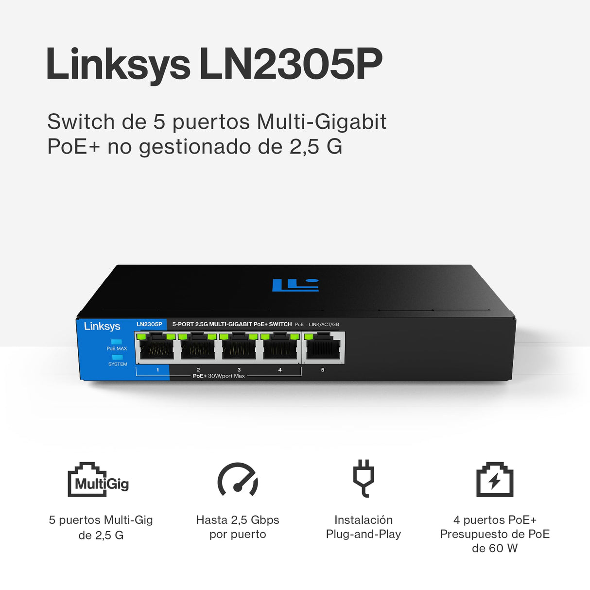 Switch PoE+ multigigabit Linksys no administrado de 5 Puertos y 2,5 G | Ethernet bajo Consumo | Control dúplex Completo | Oficinas pequeñas y domésticas | Sin Ventilador y metálico | PoE+ de 60 W